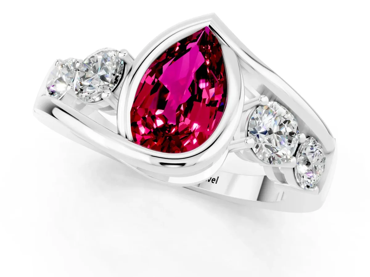 Bezel Set Pear Cut Garnet Bypass Ring with Round Accents Platinum
