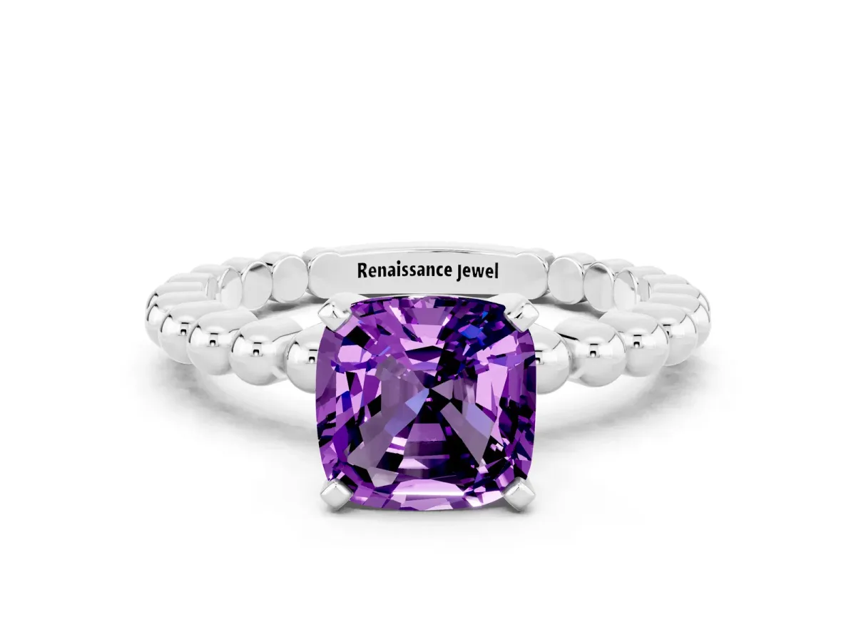 Cushion Cut Amethyst Solitaire Ring with Beaded Band and Prong Setting White gold