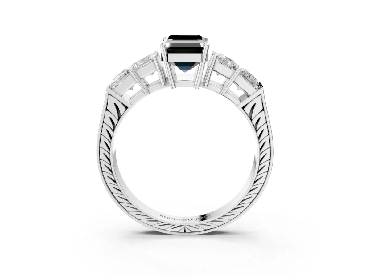 Fancy Black Emerald Cut Solitaire Princess Side Stone Engraved Band Prong Setting Ring Silver
