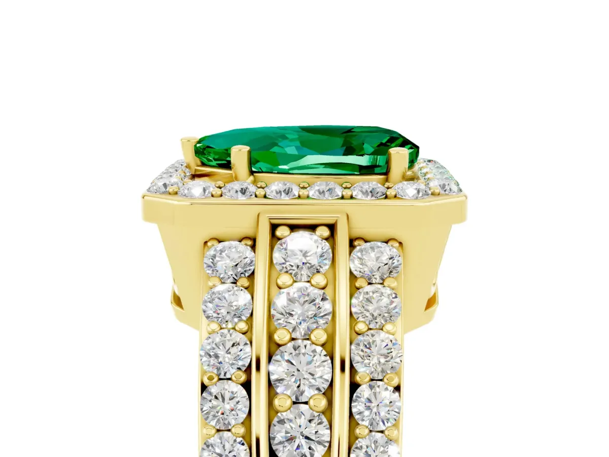 Pear Cut Halo Emerald Ring with Round Split Shank and Prong Setting Yellow gold