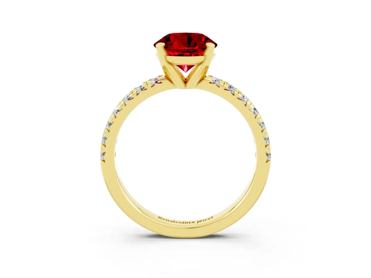 Round Cut Ruby Solitaire Pavé Engagement Ring with Round Band and Prong Setting Yellow gold