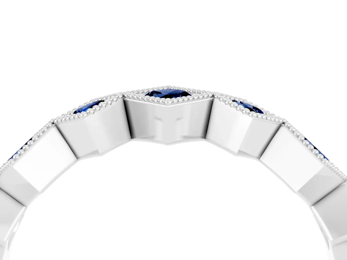 Milgrain Square Bezel Round Blue Sapphire Chevron Band Silver