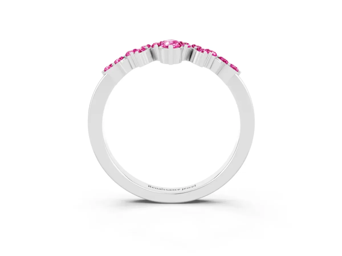 Marquise and Round Pink Sapphire Chevron Band with Prong Setting Silver