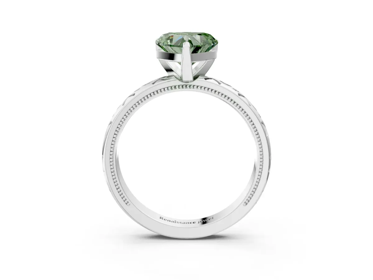 Fancy Green Heart Cut Solitaire Engagement Ring with Scrollwork Band and Four-Prong Setting Platinum
