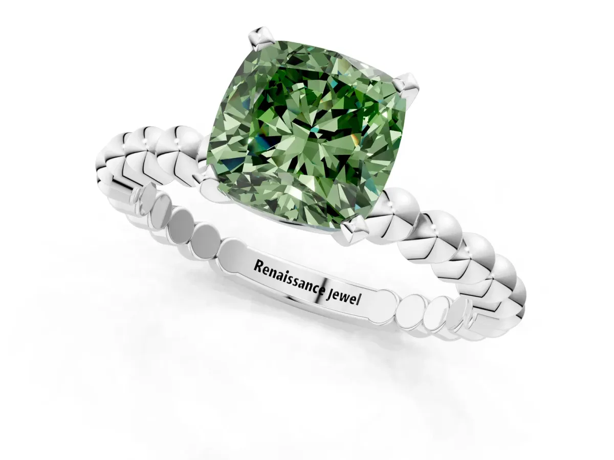 Fancy Green Cushion Cut Diamond Solitaire Ring with Beaded Band and Prong Setting Silver