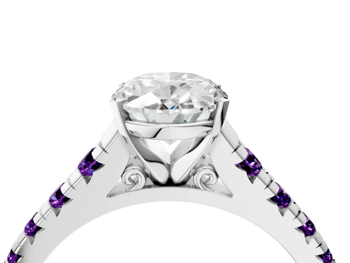 Oval Cut Diamond Cathedral Solitaire Ring with Round Amethyst Pavé Band Platinum