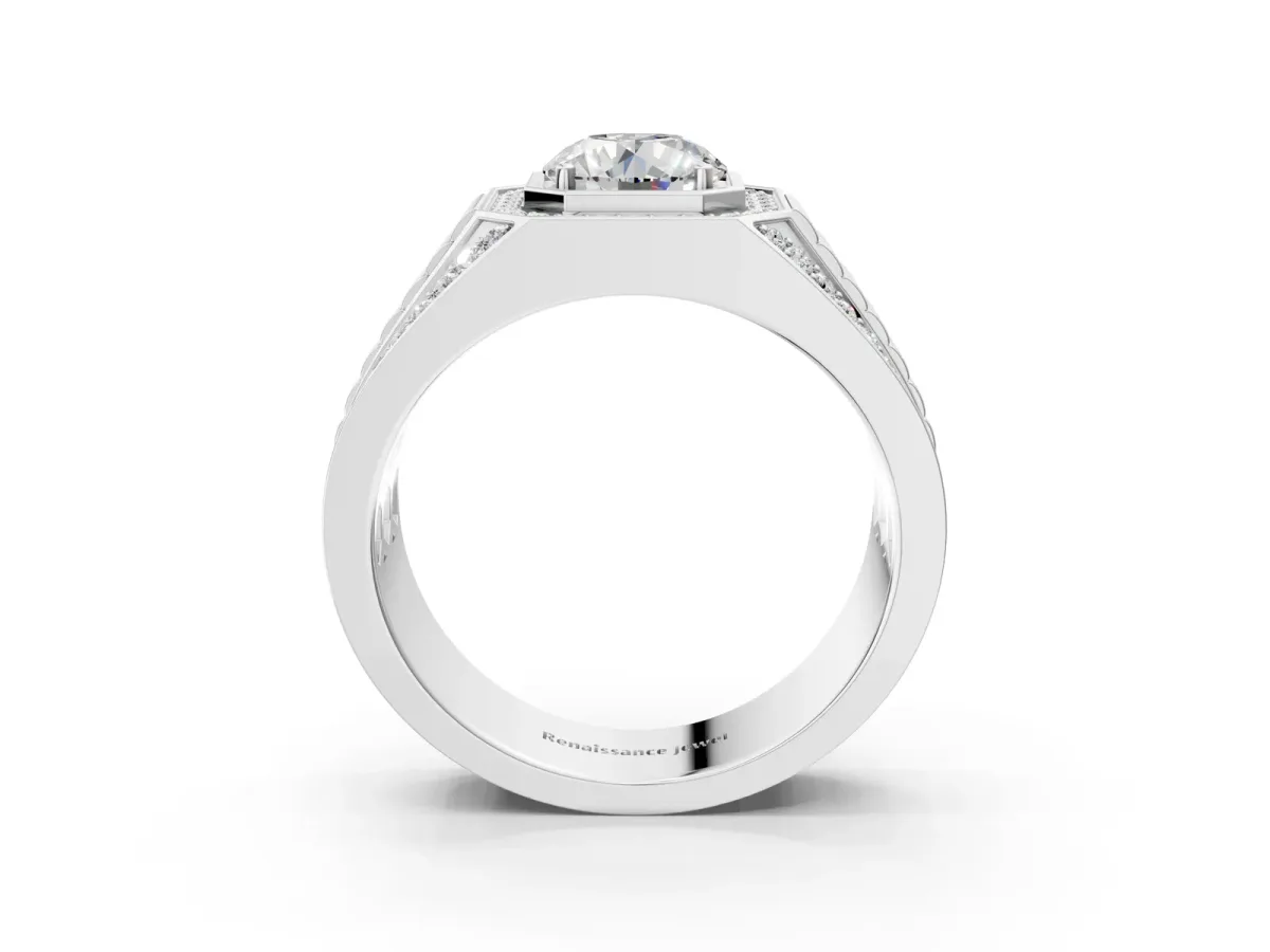 Round Diamond Octagonal Halo Mens Ring with Pavé Accents Silver