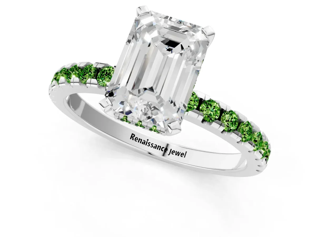 Emerald Cut Diamond Solitaire Ring with Round Peridot Pavé Band and Four-Prong Setting Silver