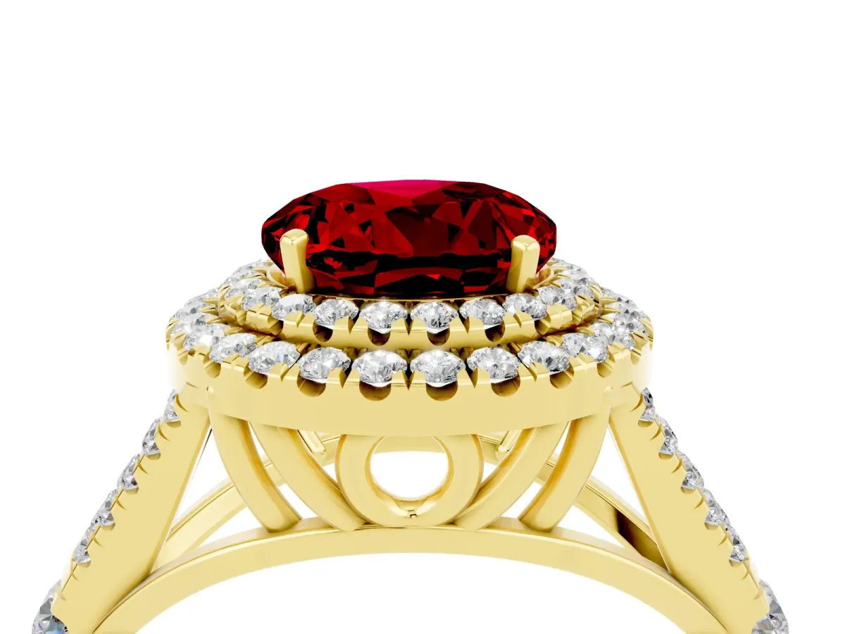 Round Cut Ruby Double Halo Ring with Split Shank and Prong Setting Yellow gold