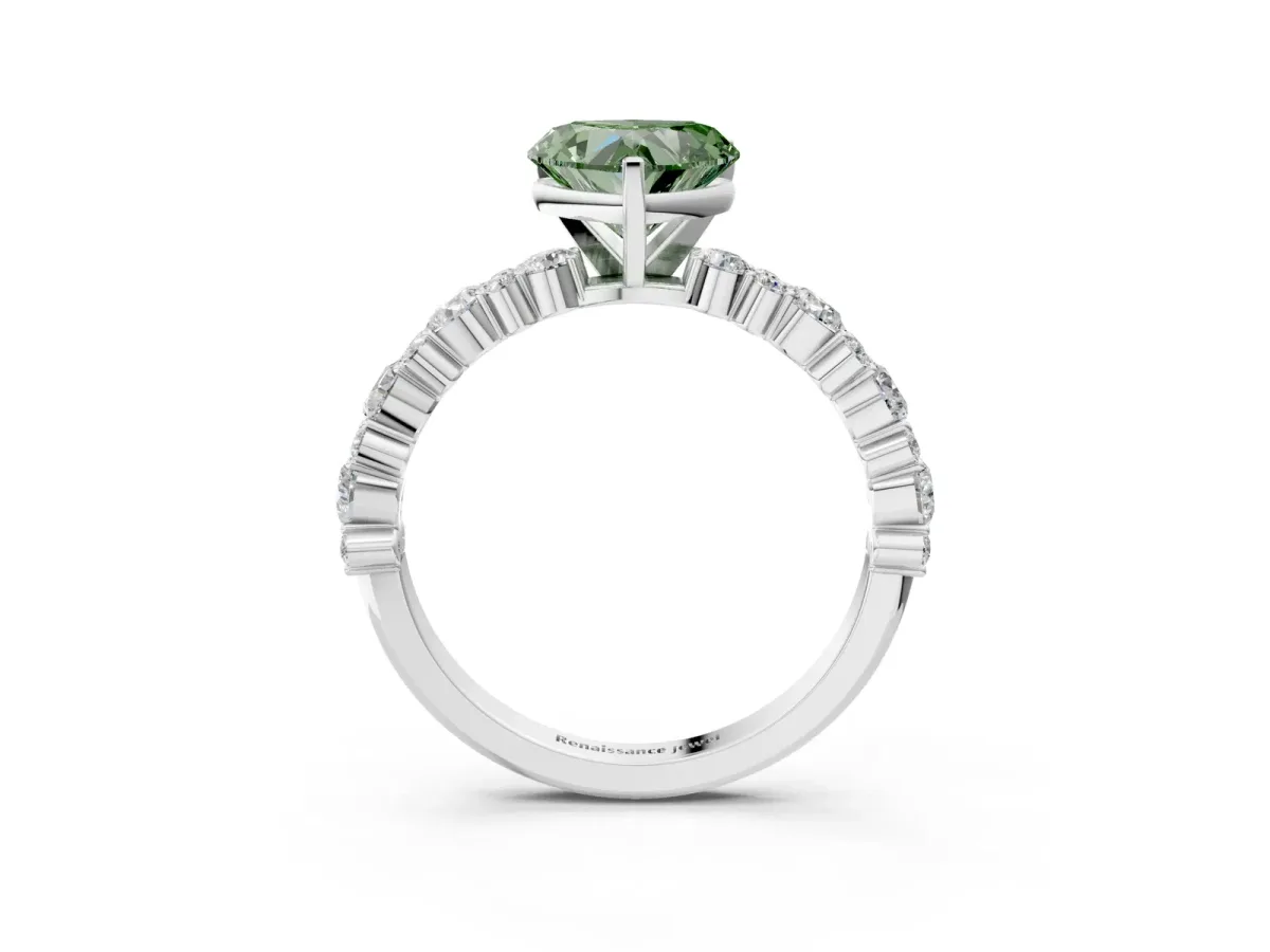 Fancy Green Heart Cut Diamond Side Stone Solitaire Ring with Round and Four-Prong Setting Platinum
