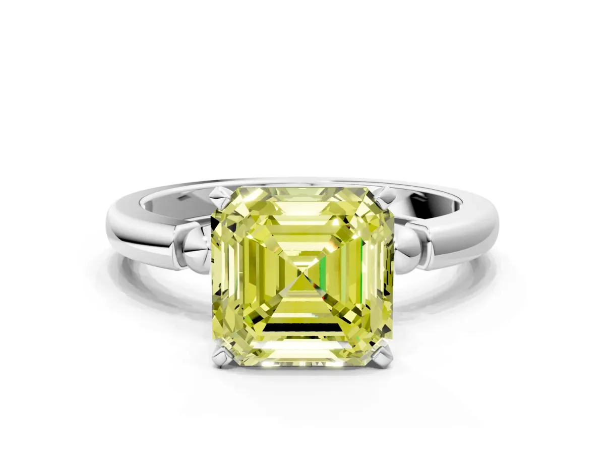 Fancy Yellow Asscher Cut Solitaire Beaded Band with Four-Prong Setting Platinum