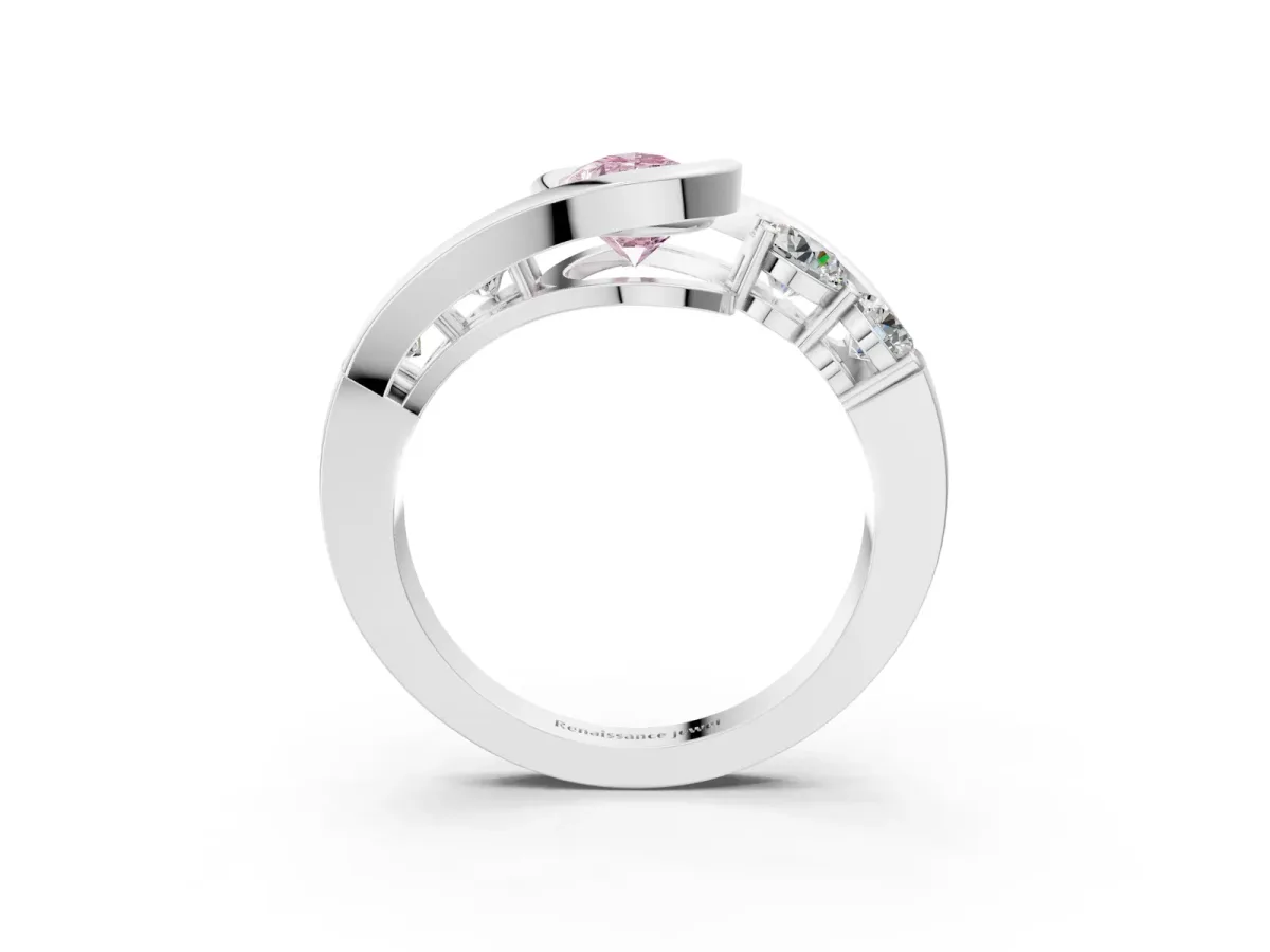 Fancy Pink Bezel Set Pear Cut Diamond Bypass Ring with Round Accents Platinum