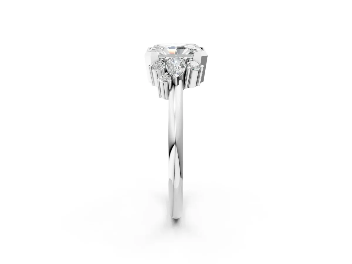 Radiant Diamond Engagement Ring with Pear and Round Side Stones Platinum