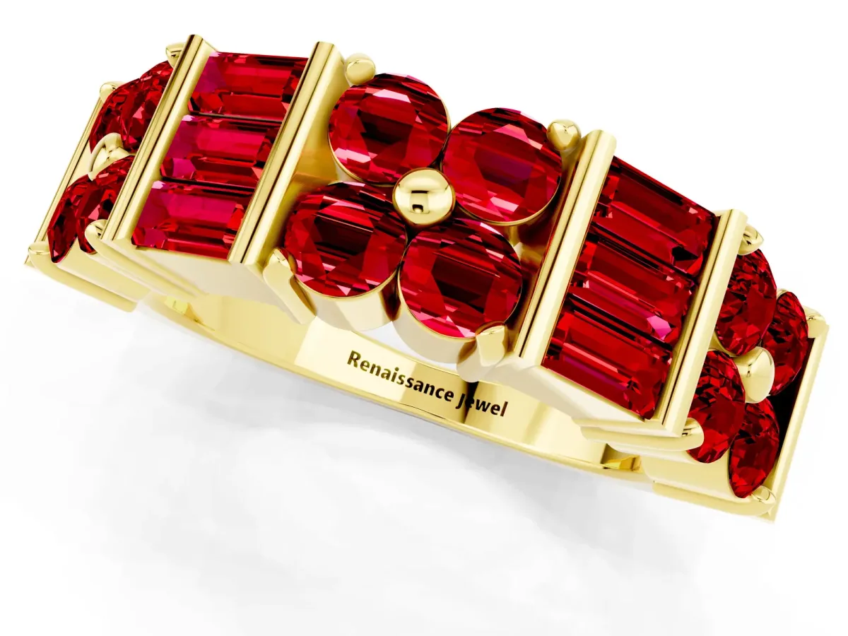 Channel Set Round and Baguette Ruby Anniversary Band with Prong Setting Yellow gold