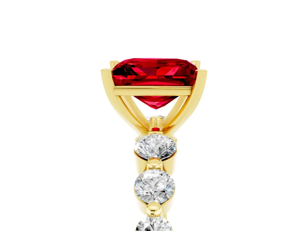 Princess Cut Solitaire Ruby Ring with Pave Band and Four-Prong Setting Yellow gold
