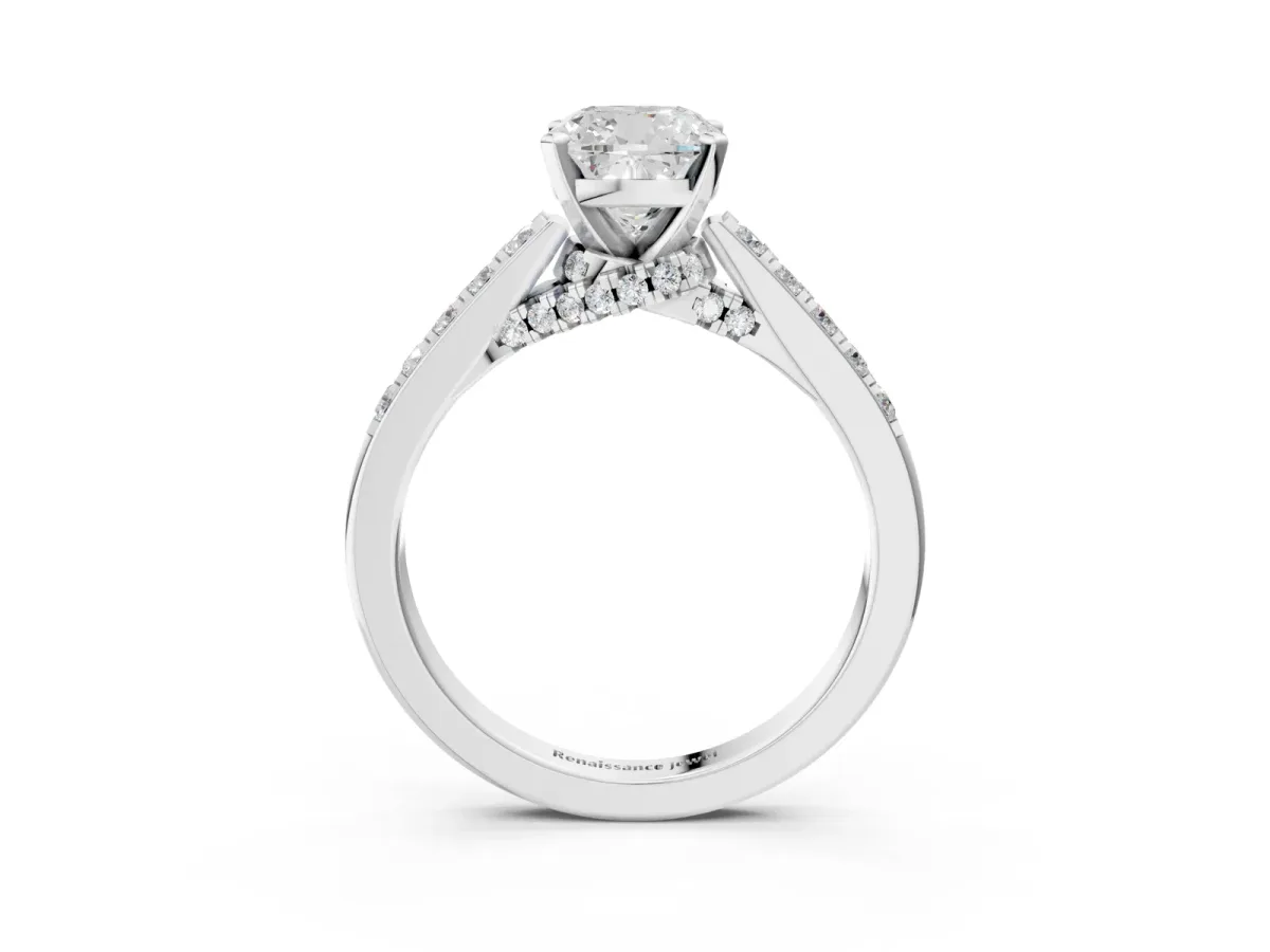 Cushion Cut Diamond Solitaire Ring with Crossover Gallery and Round Pavé Band Silver