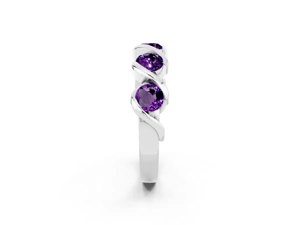 Round Amethyst Wave Band with Channel Setting and Shared Prongs Platinum