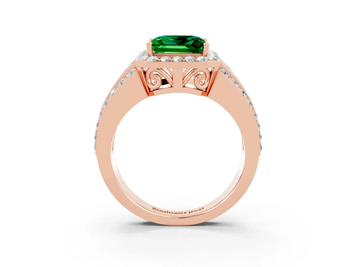 Princess Cut Halo Emerald Ring with Round Split Shank and Prong Setting Rose gold