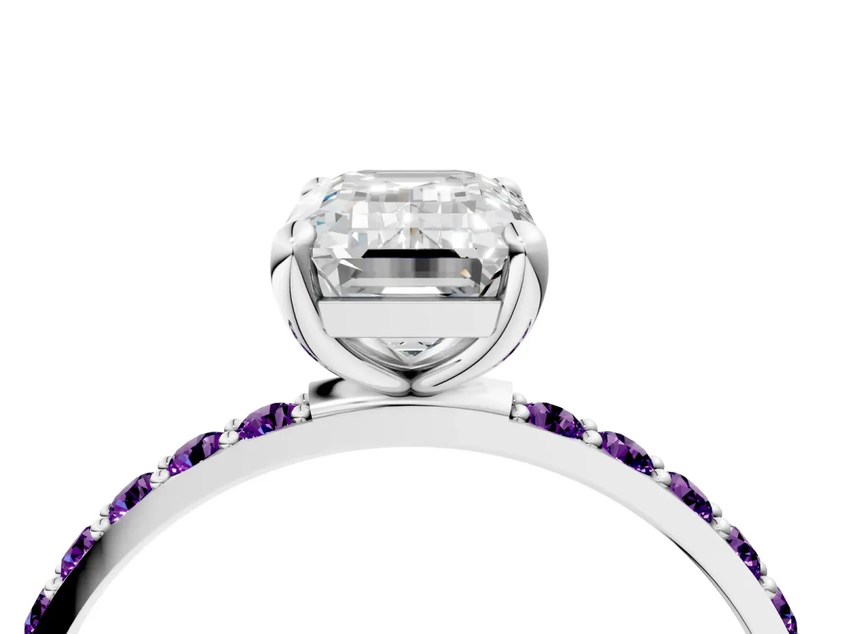 Emerald Cut Diamond Solitaire Ring with Round Amethyst Pavé Band and Prong Setting Platinum