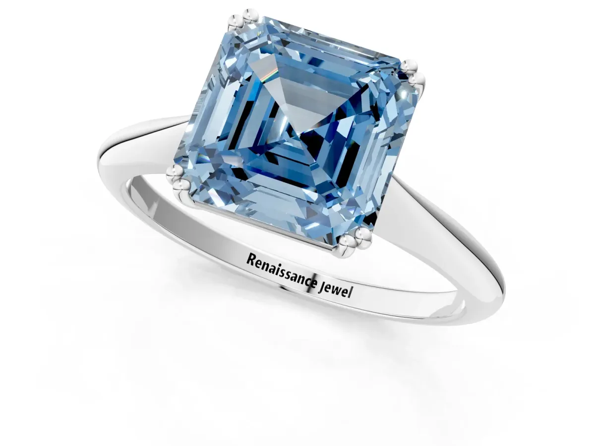 Fancy Blue Asscher Cut Solitaire Diamond Ring with Six-Prong Setting and Classic Band Platinum