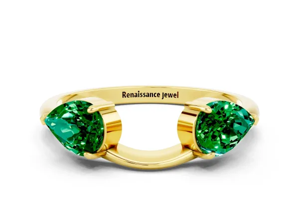 Two-Stone Pear Emerald Bypass Ring with Prong Setting Yellow gold