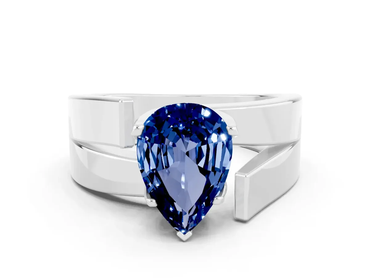 Modern Tension Set Pear Cut Blue Sapphire Solitaire Wide Band Ring Silver