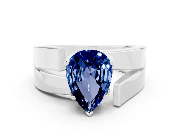Modern Tension Set Pear Cut Blue Sapphire Solitaire Wide Band Ring Platinum