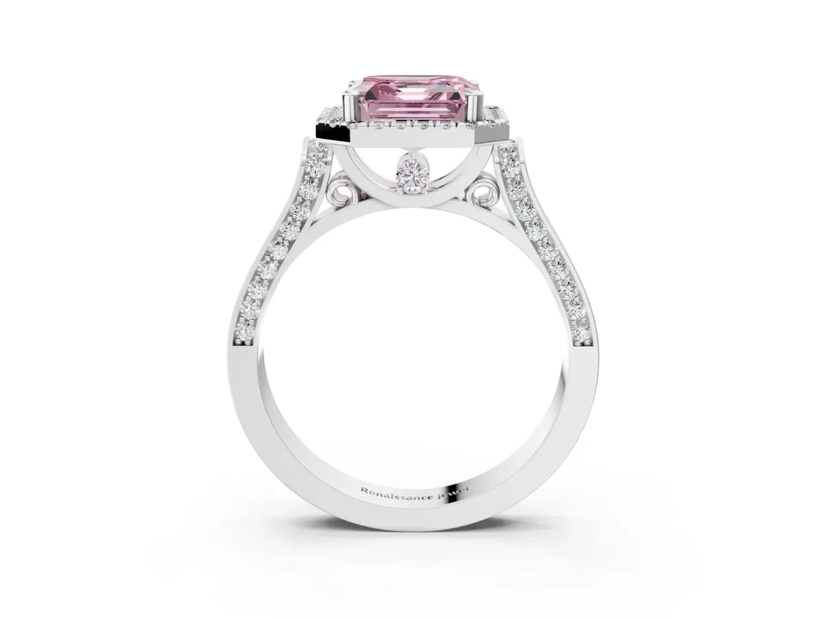 Fancy Pink Asscher Cut Halo Pave Split Shank Prong Setting Ring Platinum