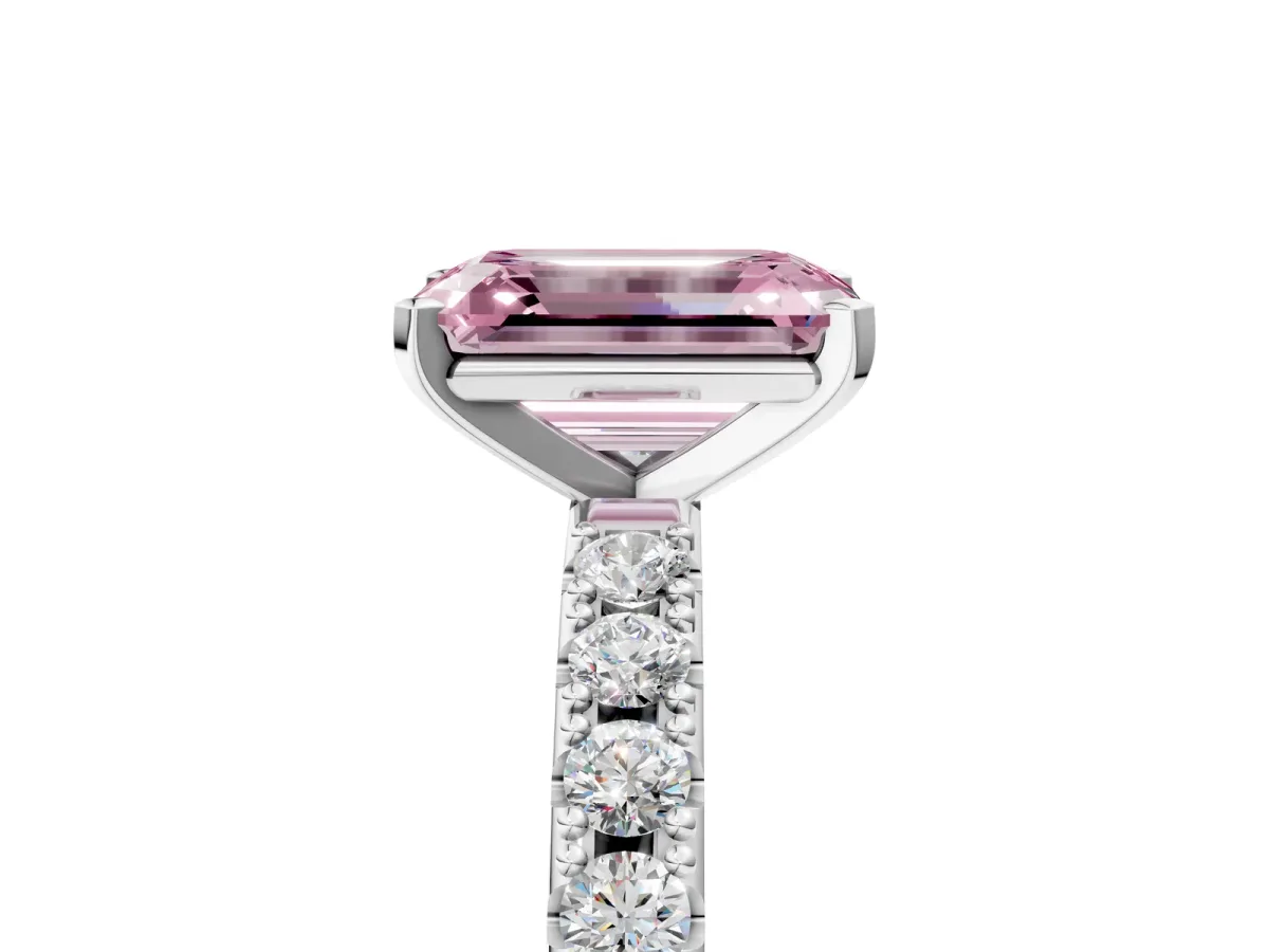 Fancy Pink Emerald Cut Diamond Solitaire Pavé Band with Four-Prong Setting Platinum
