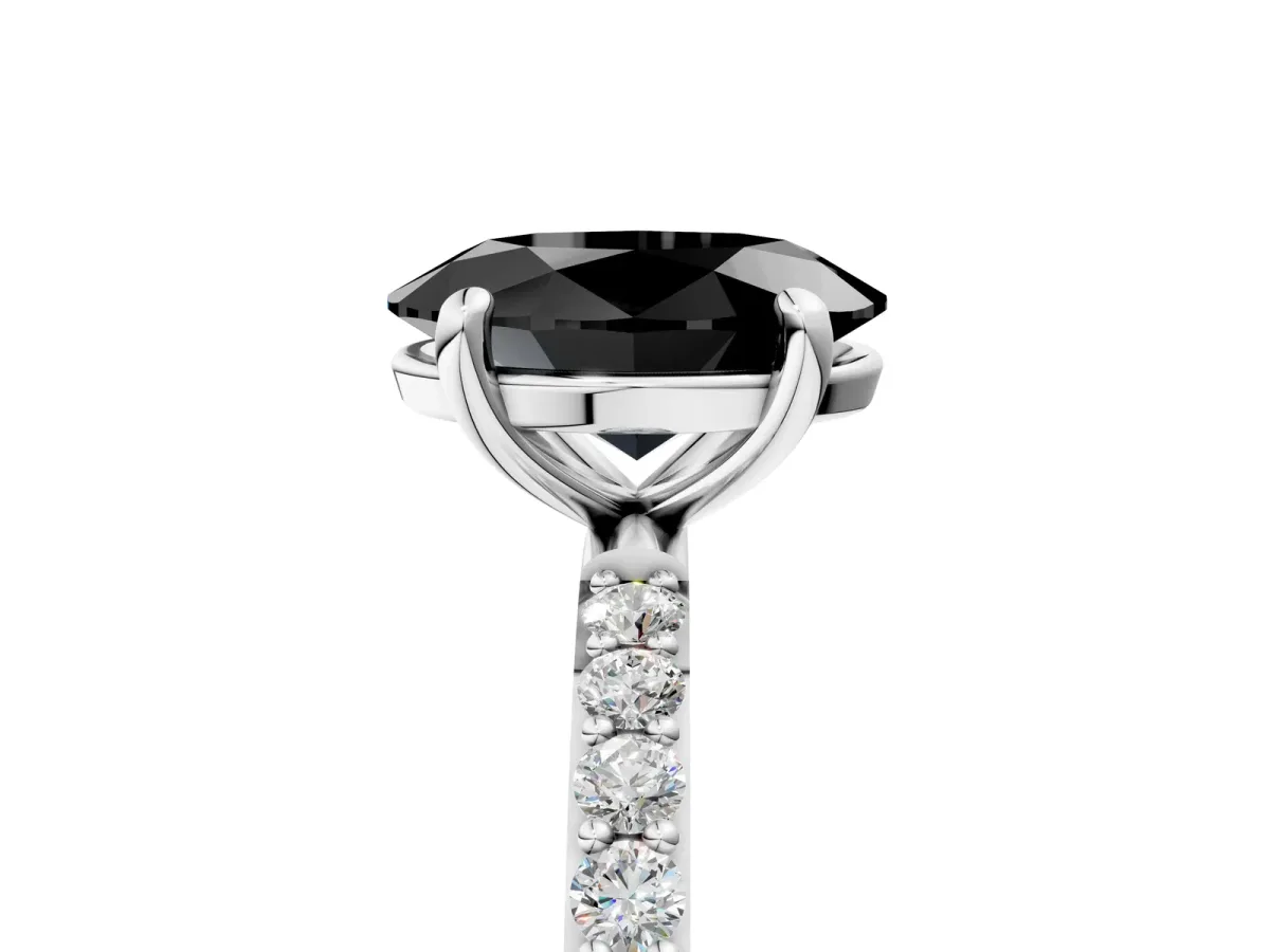 Fancy Black Oval Cut Diamond Solitaire Ring with Round Pavé Band and Prong Setting Silver