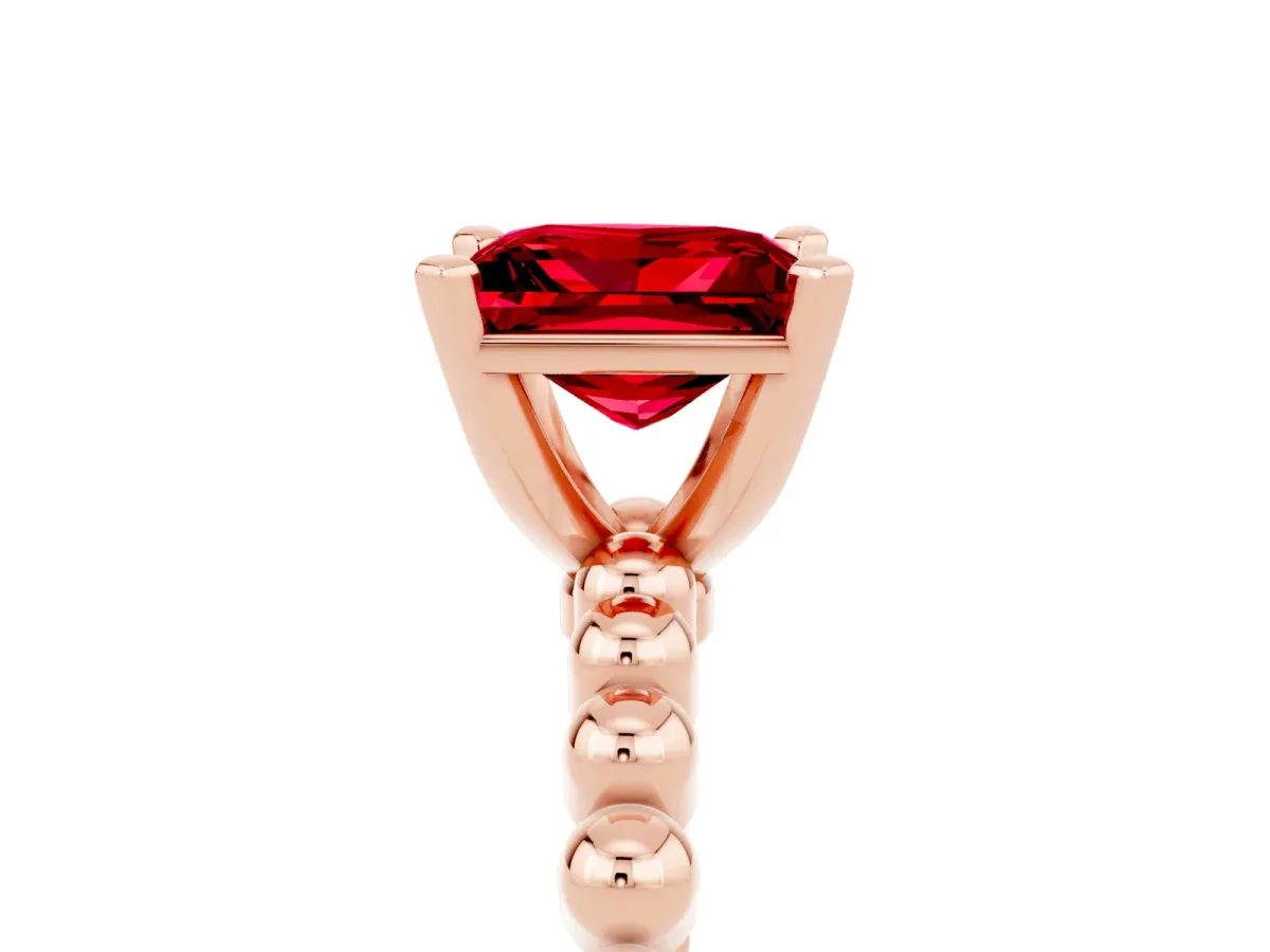 Princess Cut Ruby Solitaire Ring with Beaded Band and Prong Setting Rose gold