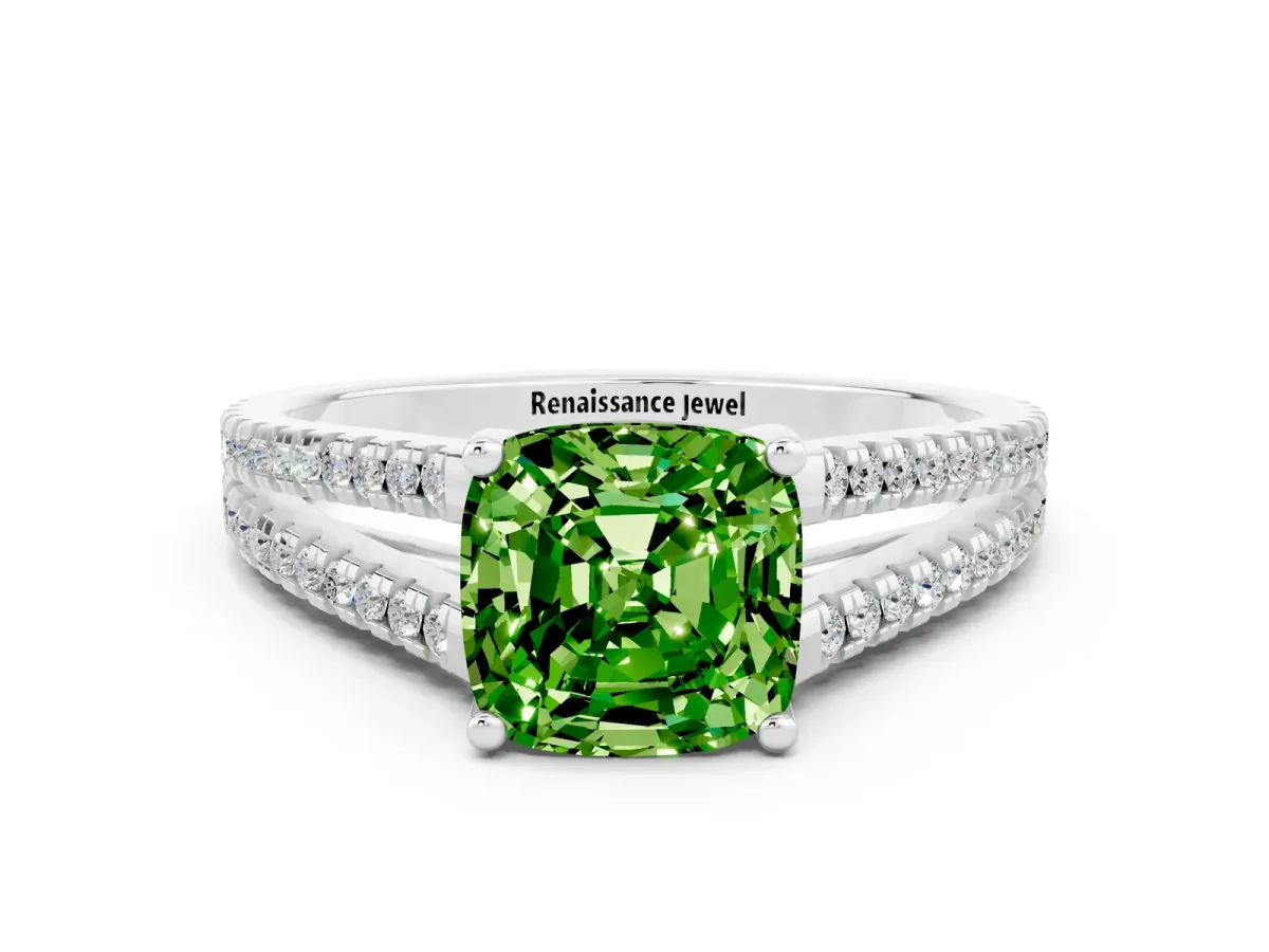 Cushion Cut Peridot Solitaire Engagement Ring with Split Shank Pavé Band Silver