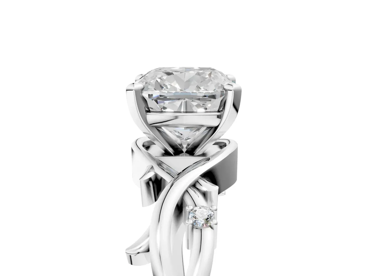 Cushion Cut Diamond Solitaire Ring with Twisted Band and Prong Setting Silver