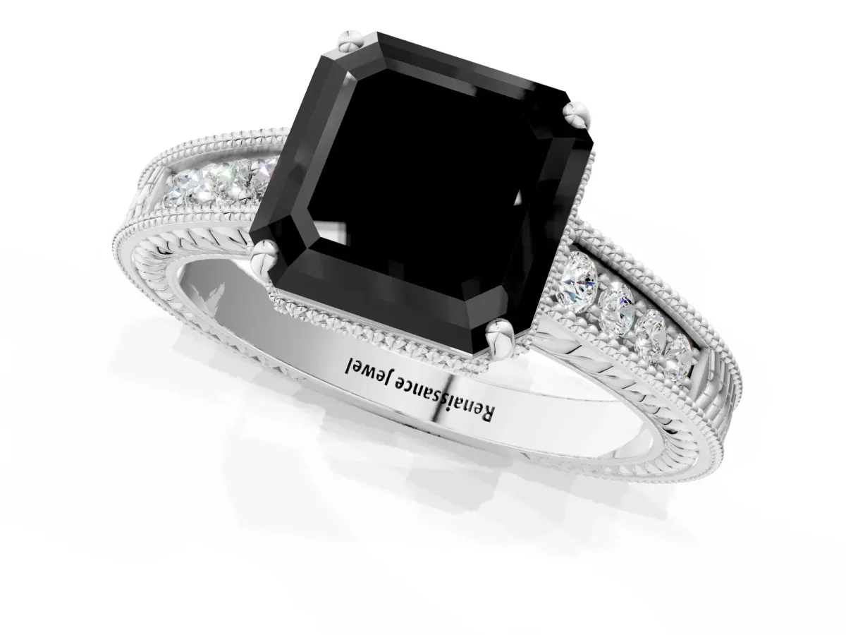 Fancy Black Asscher Cut Cut Diamond Milgrain Pave Band Four-Prong Setting Ring Platinum