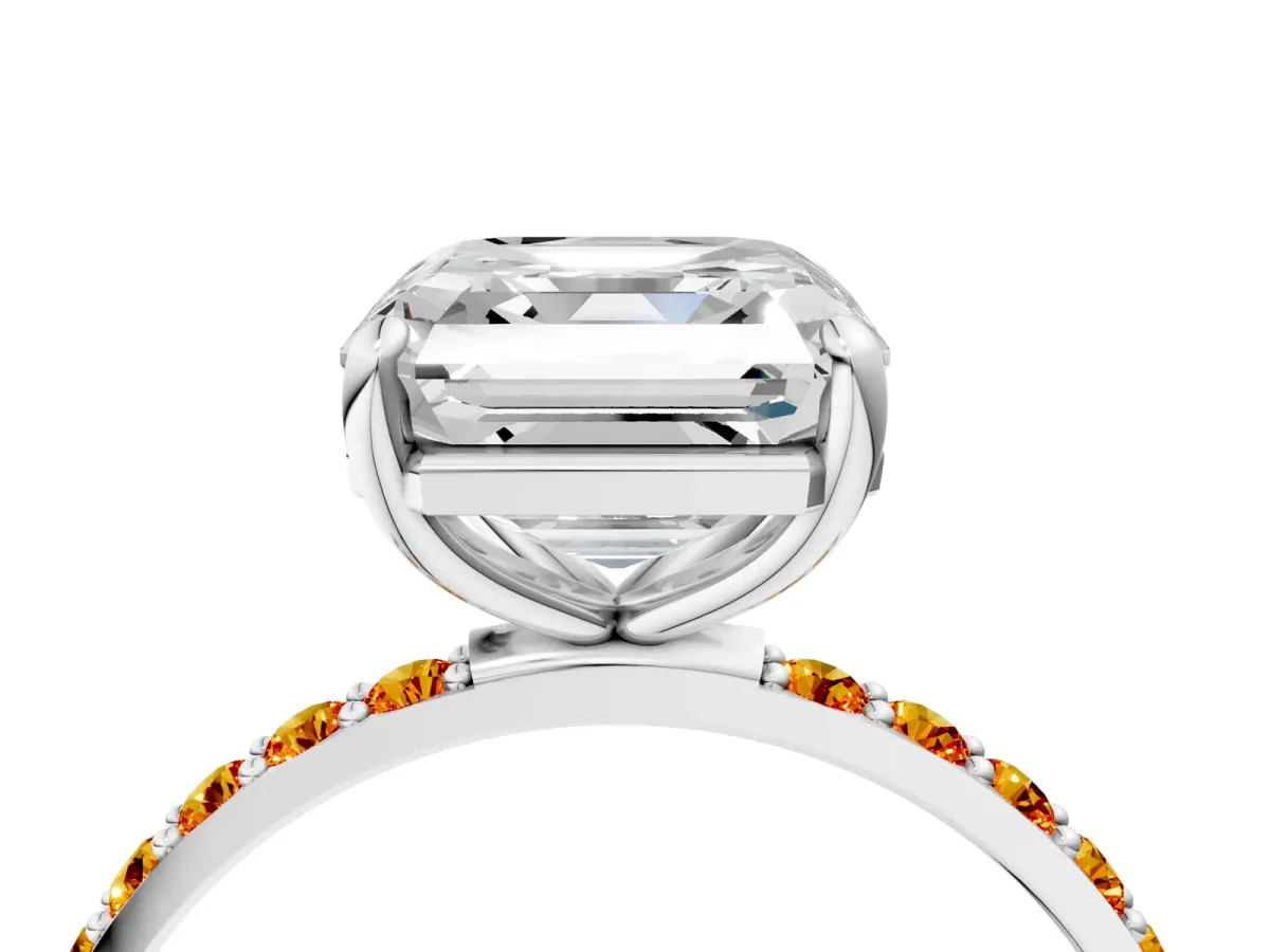 Asscher Cut Diamond Solitaire Ring with Round Citrine Pavé Band and Prong Setting Silver