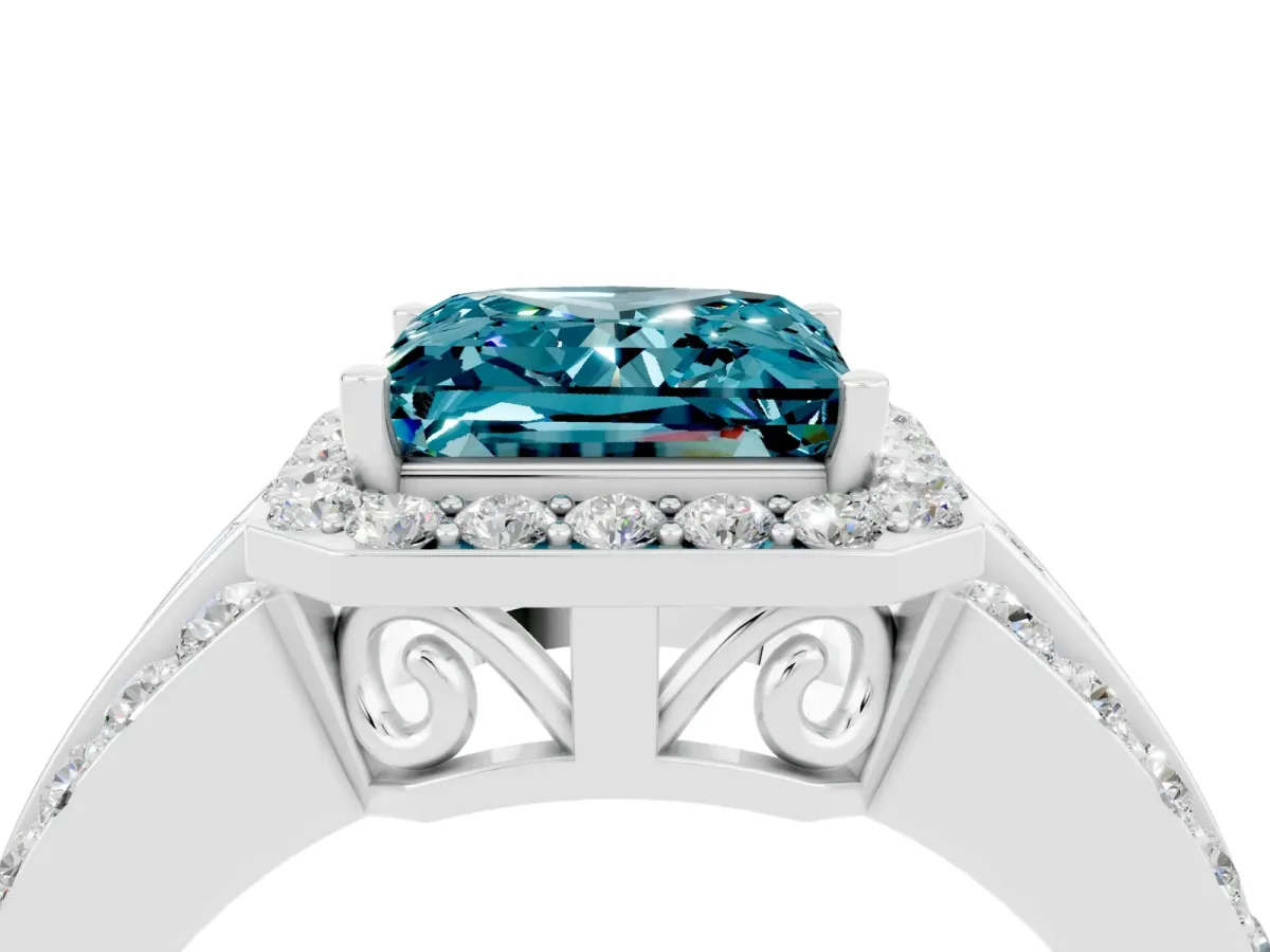 Princess Cut Halo Blue Topaz Ring with Round Split Shank and Prong Setting Silver