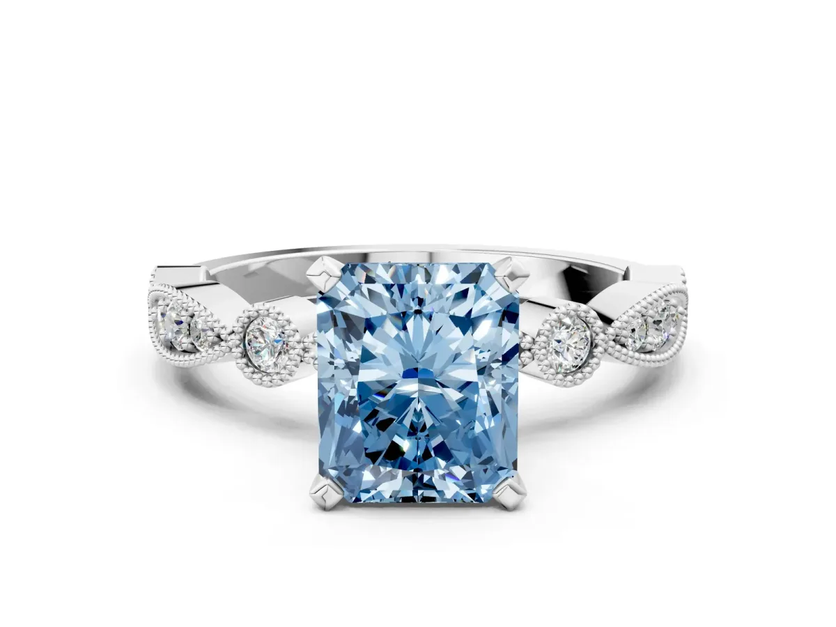 Fancy Blue Radiant Cut Milgrain Bezel Diamond Engagement Ring with Solitaire Prong Setting Platinum