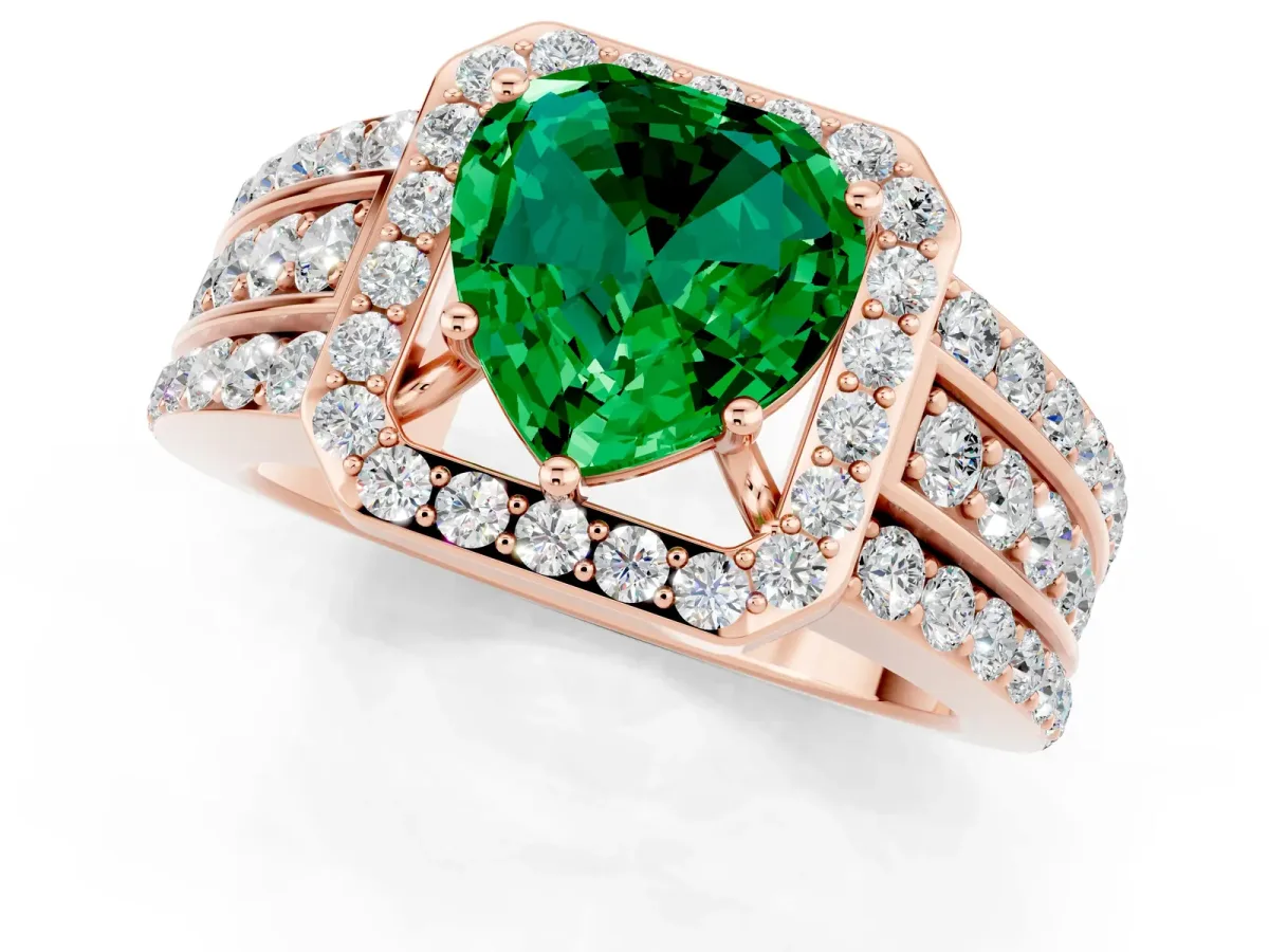 Heart Cut Halo Emerald Ring with Round Split Shank and Prong Setting Rose gold