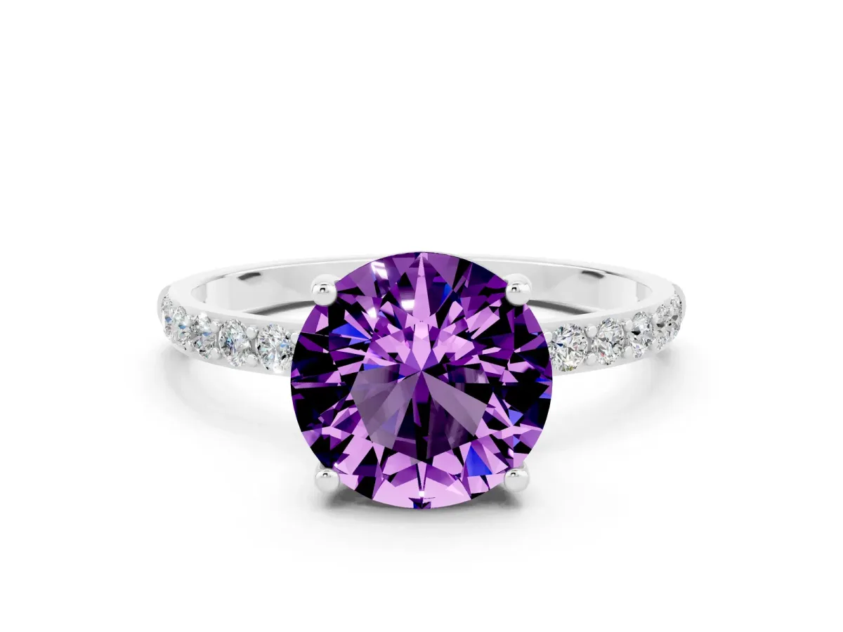 Round Cut Amethyst Solitaire Ring with Round Pavé Band and Prong Setting Silver