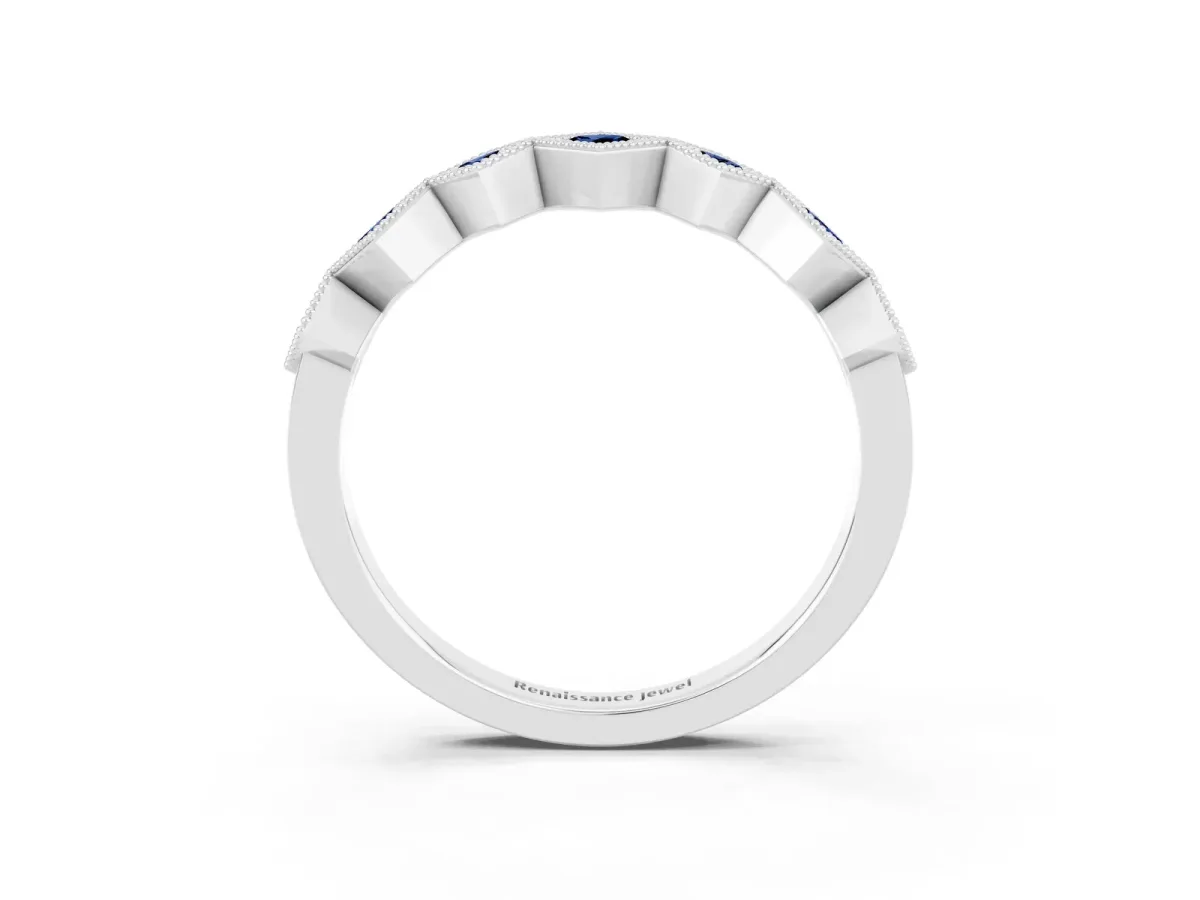 Milgrain Square Bezel Round Blue Sapphire Chevron Band Silver