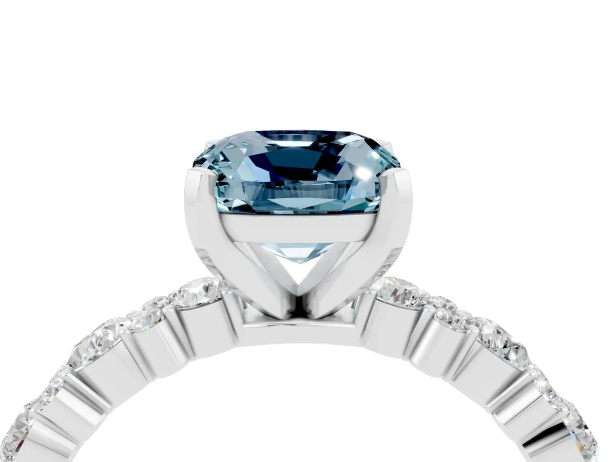 Cushion Cut Aquamarine Side Stone Solitaire Ring with Round and Four-Prong Setting Silver