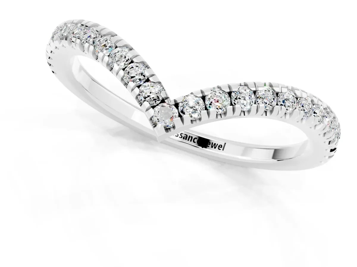 Pavé Round Moissanite V-Shaped Chevron Band with Shared Prong Setting Platinum