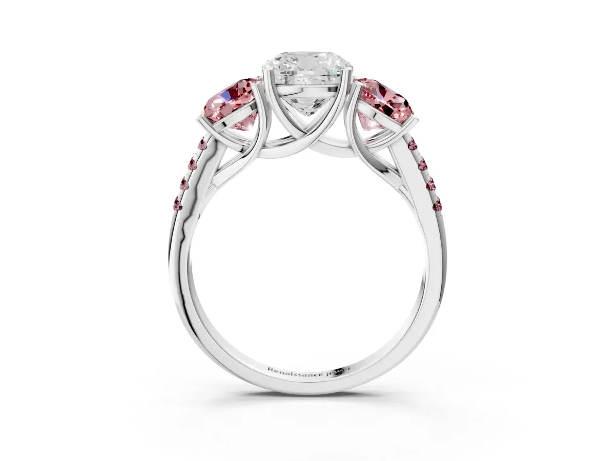 Three-Stone Cushion Cut Diamond Ring with Round Morganite Pavé Band and Prong Setting Silver