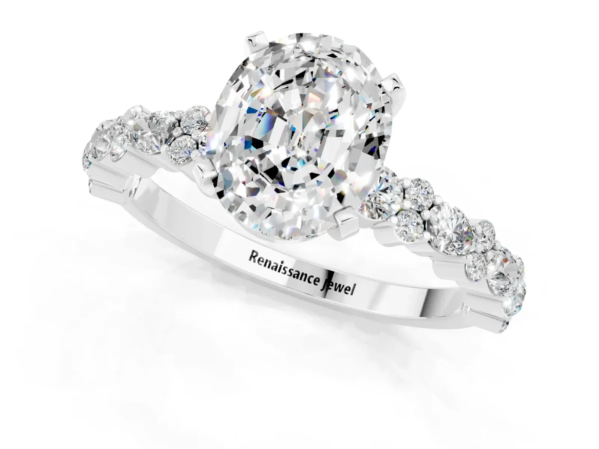 Oval Cut Moissanite Side Stone Solitaire Ring with Round and Four-Prong Setting White gold