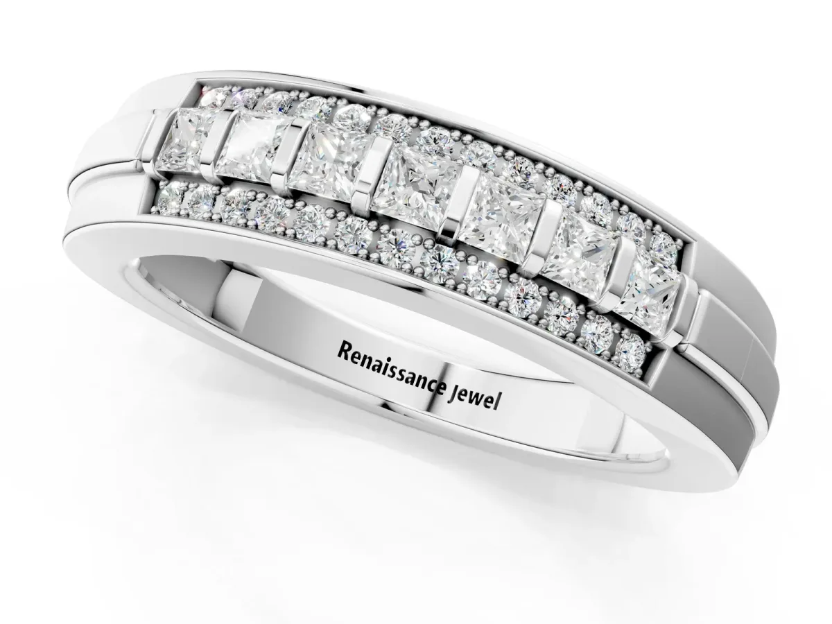 Bar-Set Princess Cut Diamond Pavé Band Silver