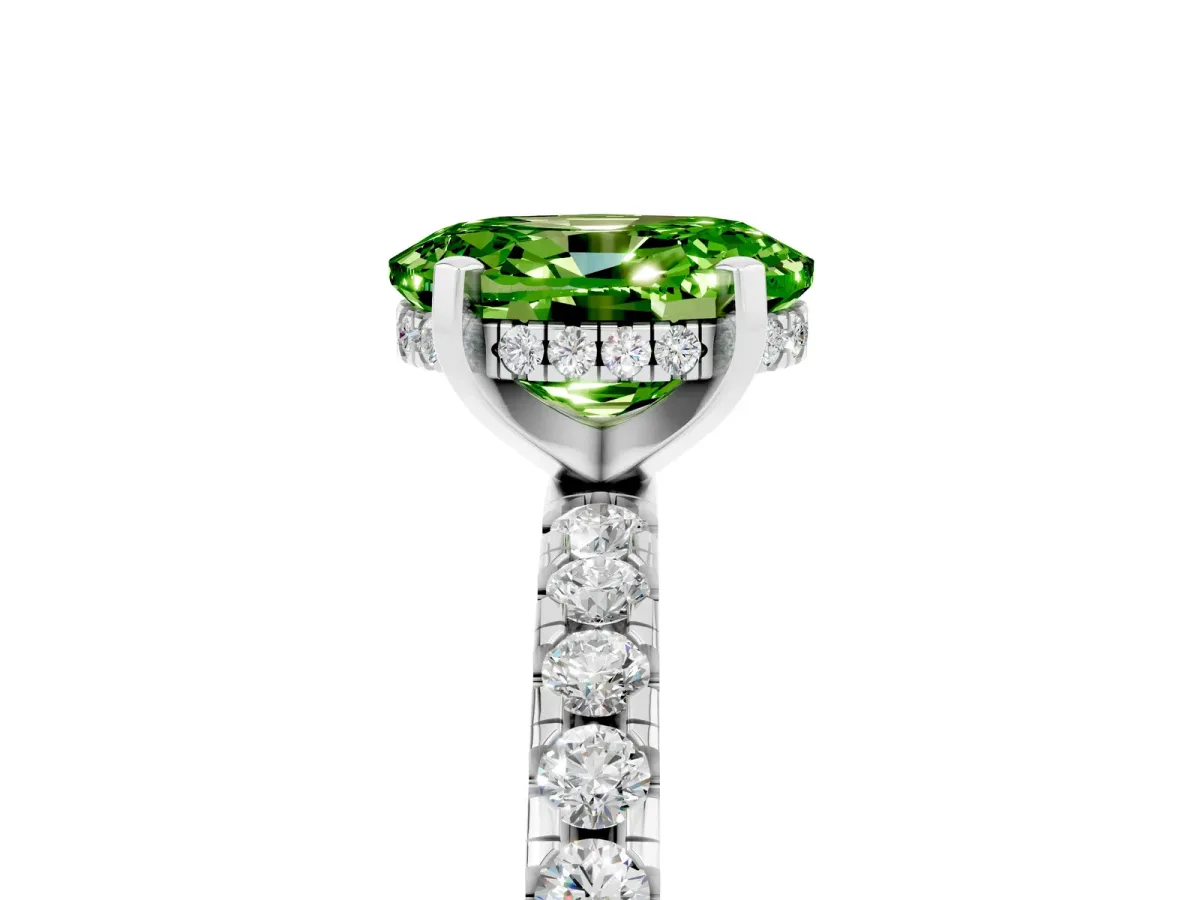 Oval Cut Peridot Solitaire Ring with Round Pavé Band and Four-Prong Setting Silver