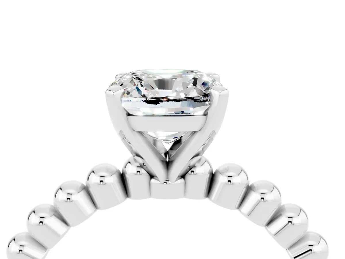Cushion Cut Moissanite Solitaire Ring with Beaded Band and Prong Setting Silver