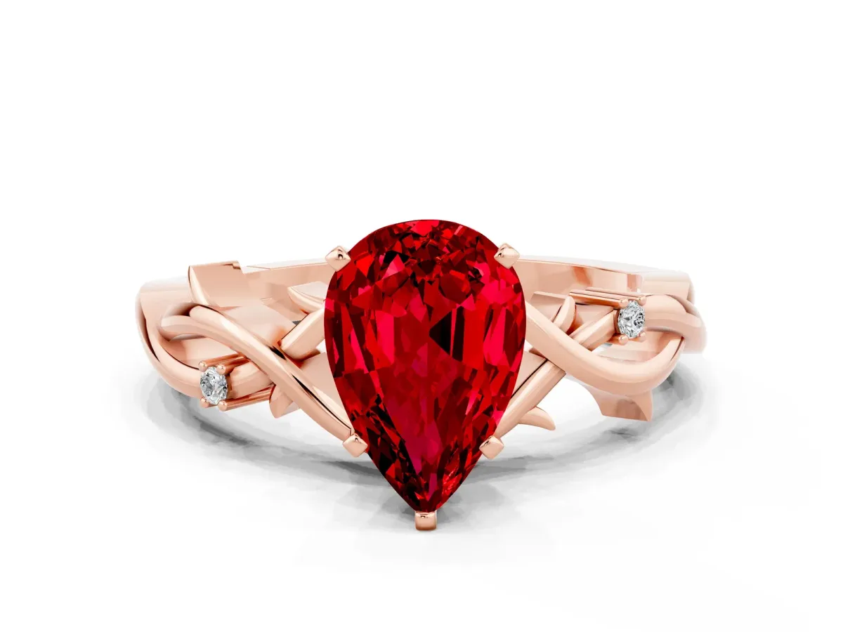 Pear Cut Ruby Solitaire Ring with Twisted Band and Prong Setting Rose gold