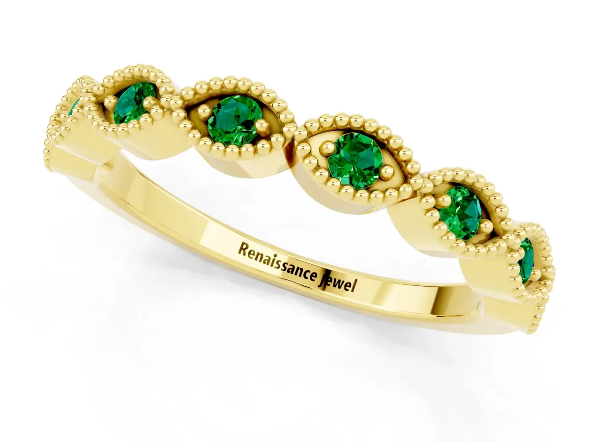 Milgrain Marquise Emerald Half Eternity Band with Bezel Setting Yellow gold