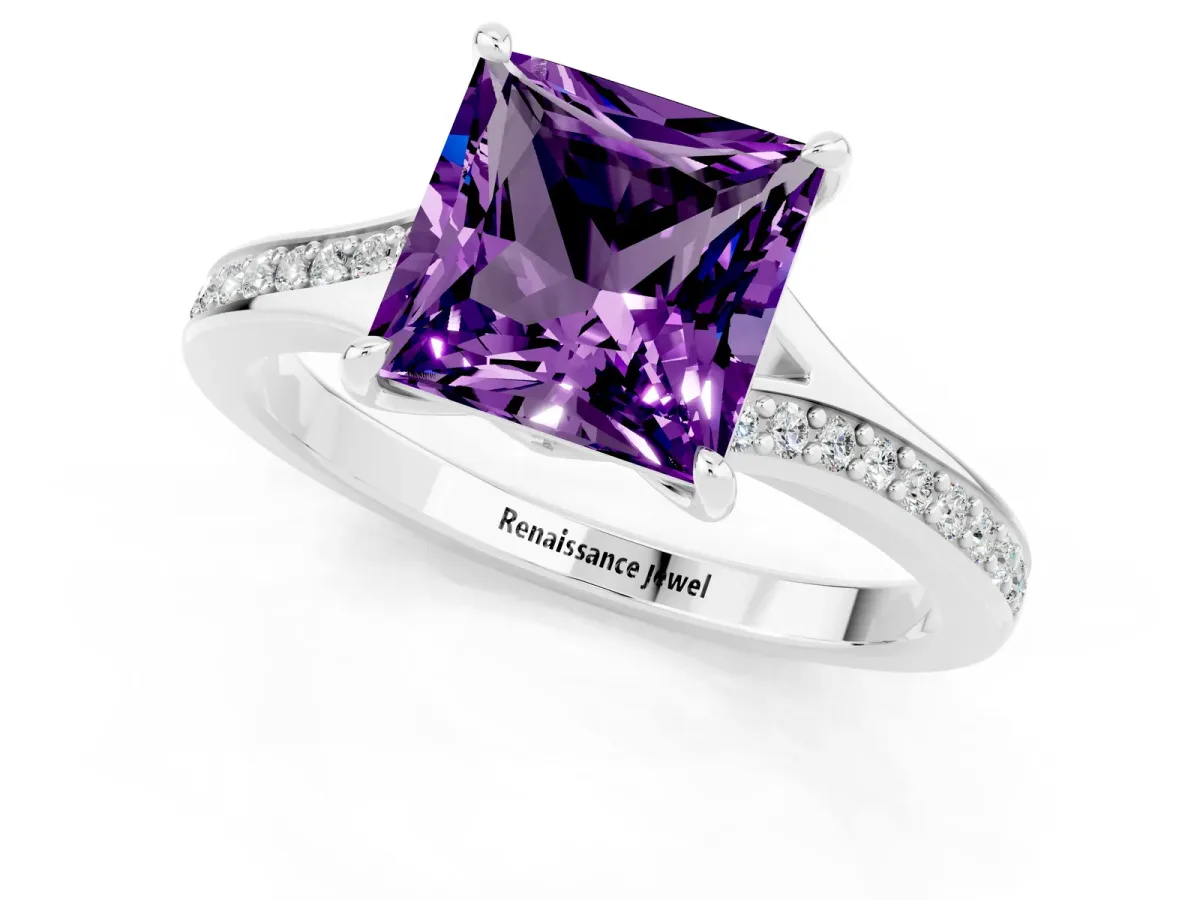 Princess Cut Amethyst Solitaire Ring with Pavé Band and Prong Setting Silver